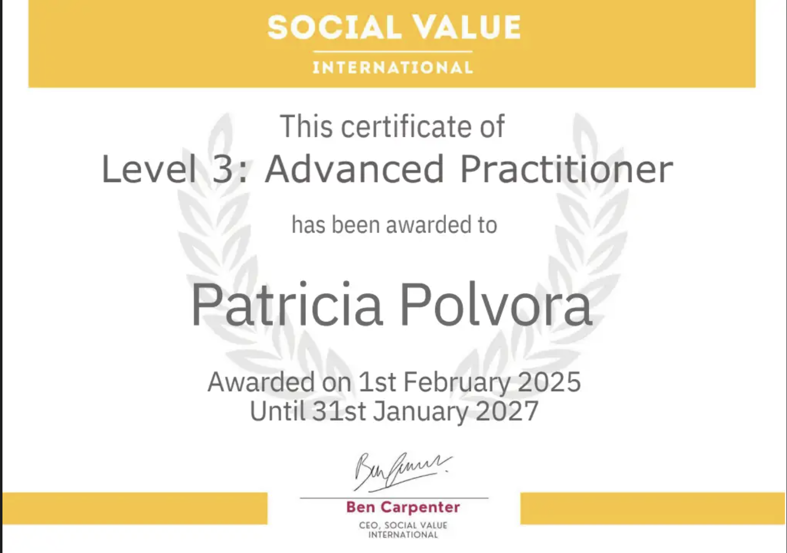 Certificado de acreditación Level 3 Advanced Practitioner otorgado a Patricia Pólvora por Social Value International (2025–2027)